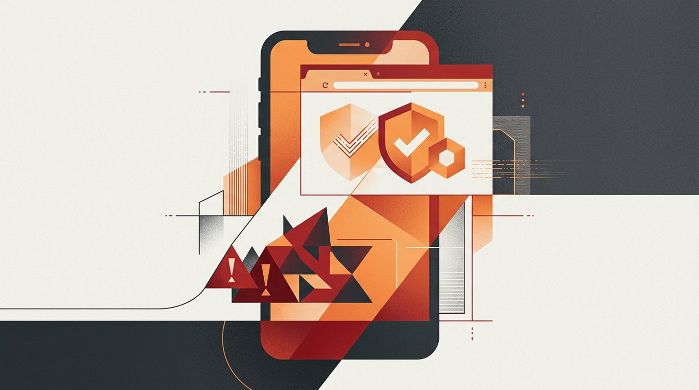 Ilustracja bezpieczeństwa Androida: telefon z ostrzeżeniem o pliku APK — grafika artykułu o ryzyku sideloadingu
