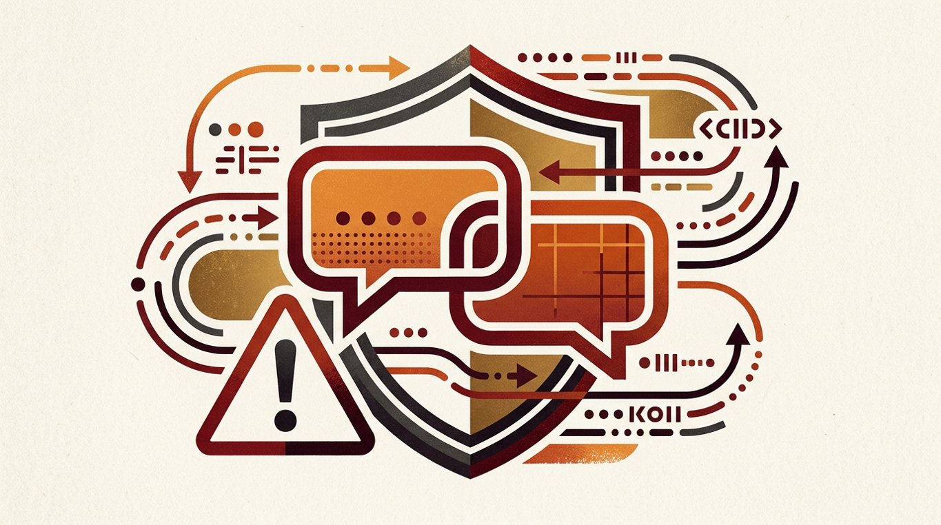 Ilustracja czatu z botem: okno wiadomości z ikoną ostrzeżenia — grafika artykułu o ryzyku botów Telegram