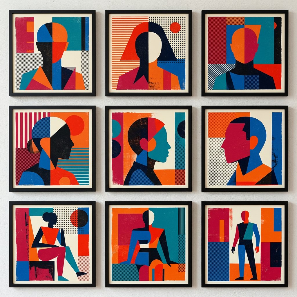 Ściana w stylu pop-art z geometrycznymi portretami bez twarzy