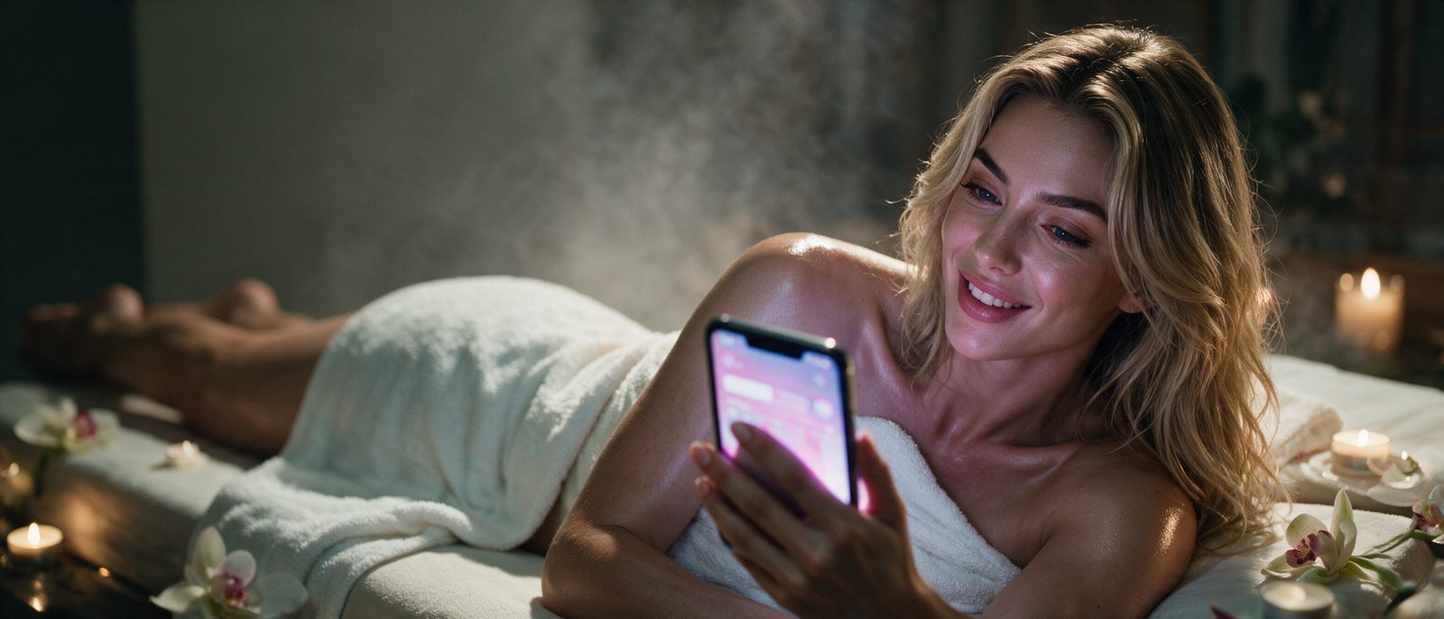 Ilustracja redakcyjna zestawienia planów bezpłatnych: dorosła kobieta w ręczniku leży na łóżku i przegląda telefon — obraz syntetyczny, bez prawdziwych osób