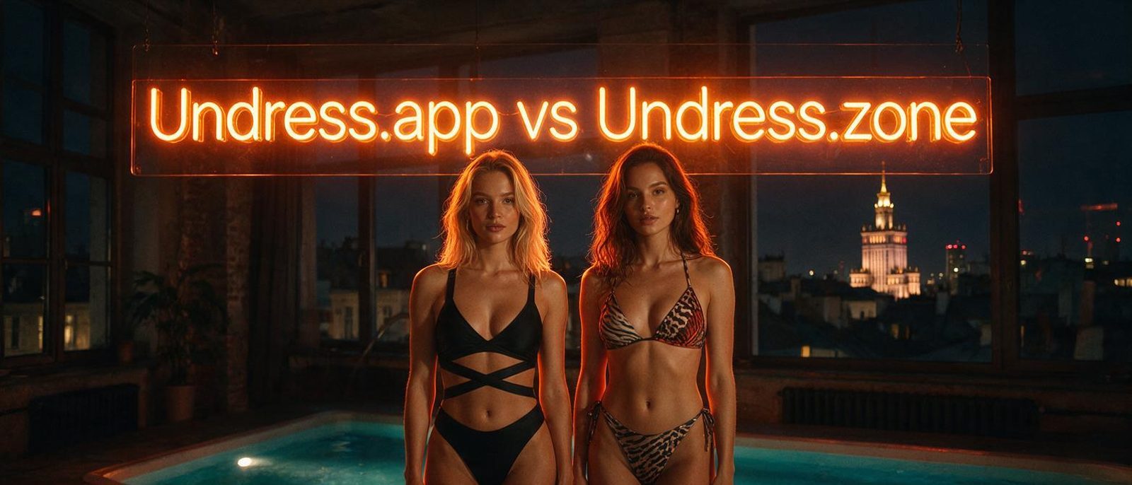 Dwie wirtualne modelki wygenerowane przez AI przy basenie nocą, pod neonowym napisem Undress.app vs Undress.zone — grafika porównania Undress.app i Undress.zone